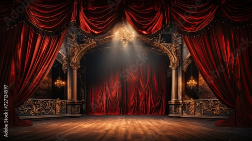 rich theater stage red curtains. Generative AI
