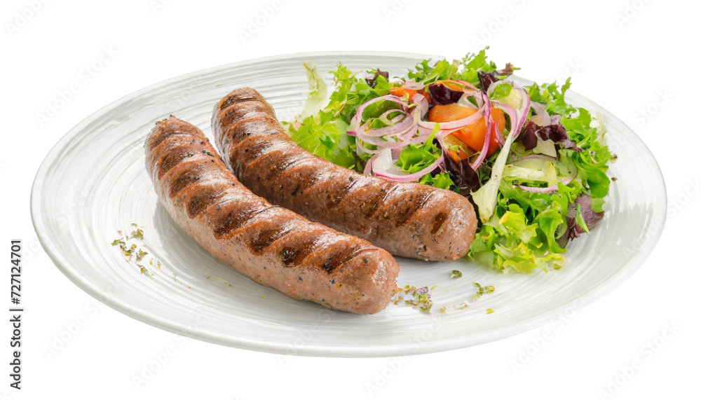 Grilled sausages with salad on plate isolated on transparent background Grilled sausages with salad on plate isolated on transparent background