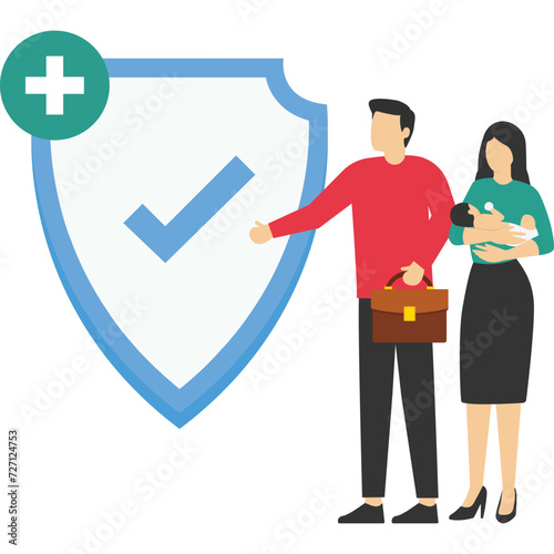 Health insurance. Shield protection for family flat vector illustration. Health and life insurance concept for banner, website design or landing web page

