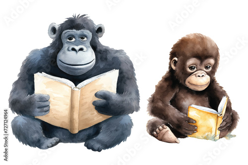 gorilla reading a book watercolor vector illustration