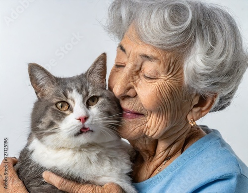 Adorable close-up portrait of a happy senior woman lovingly holding her cat in her arms isolated on white background