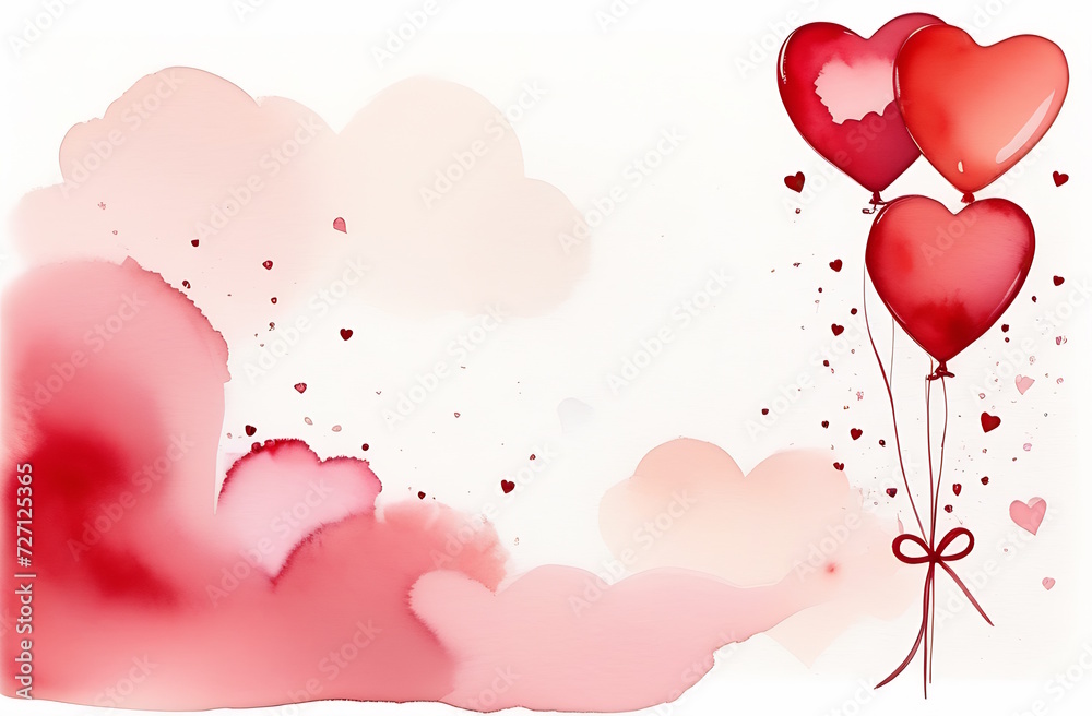 Watercolor drawing balloons in the form of red hearts on a white sheet with space for text. A Valentine's Day card, a symbol of love, a symbol of feelings and relationships between people.