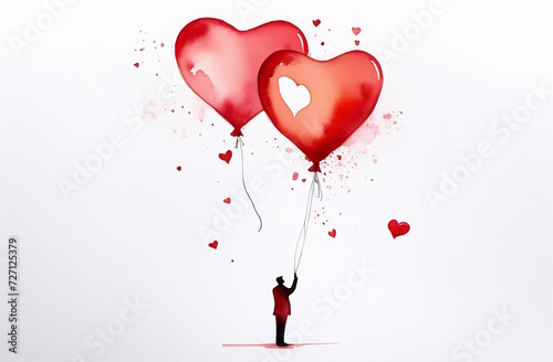 Watercolor drawing balloons in the form of red hearts on a white sheet with space for text. A Valentine s Day card  a symbol of love  a symbol of feelings and relationships between people.