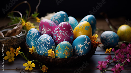 easter eggs in a basket, blue eggs and different colours, painted eggs, manually painted, easter holliday, celebration, easter decoration, best selling
