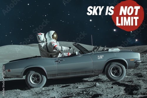 A car and an astronaut on the moon  the sky is not limit text