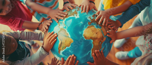 Group children holding planet earth and forming a circle around a globe over nature background. World peace concept photo
