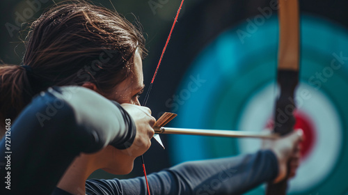A focused woman sharpens her archery skills, eyes locked on her target in an outdoor range. Unleash her inner warrior with this striking stock image.