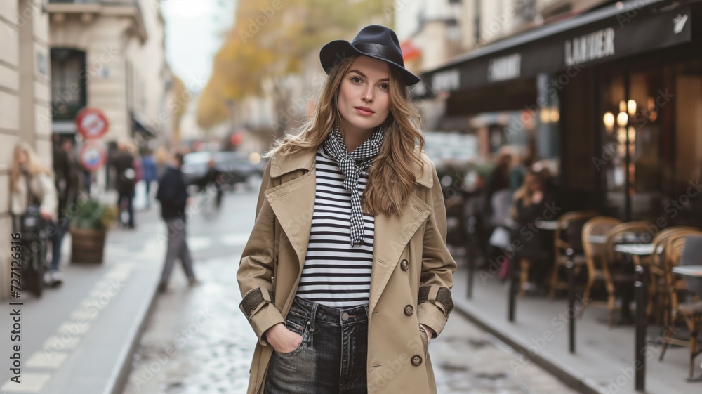 Young attractive blonde woman in autumn coat and hat  and walking along European street.
