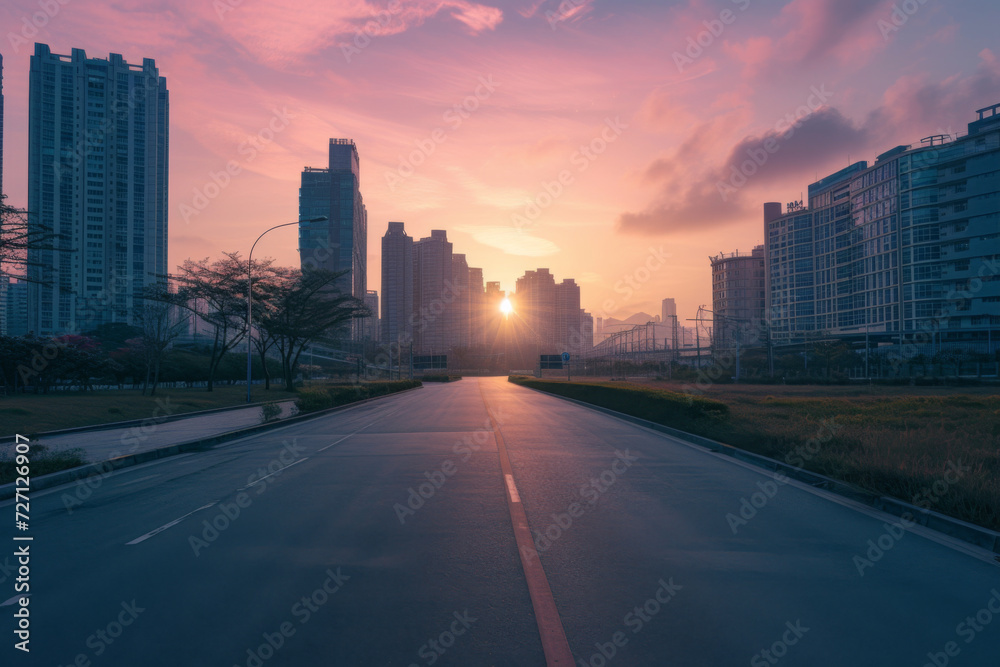 An empty road between a skyscraper and other buildings at sunset with city skyline.