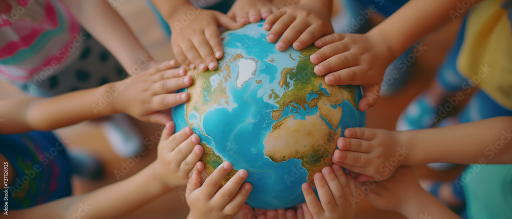 Group children holding planet earth and forming a circle around a globe over nature background. World peace concept Group children holding planet earth and forming a circle around a globe over nature background. World peace concept
