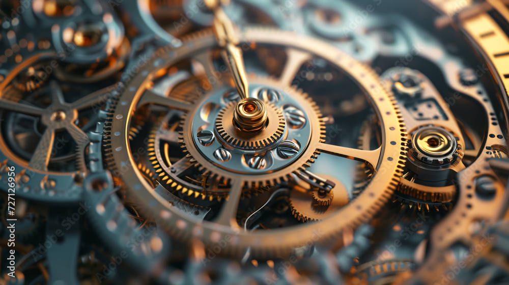 A mesmerizing 3D rendered image of an abstract clockwork mechanism, showcasing intricate gears and moving parts. Perfect for futuristic, steampunk, or technology-themed designs.
