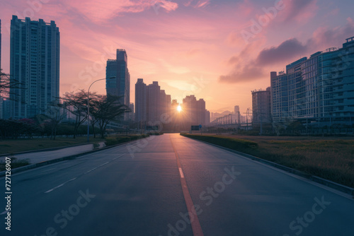An empty road between a skyscraper and other buildings at sunset with city skyline.