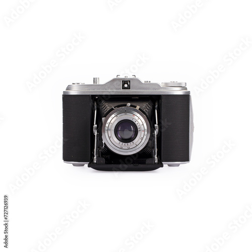 Fotografie Front view of vintage medium format folding camera with extended bellows and len