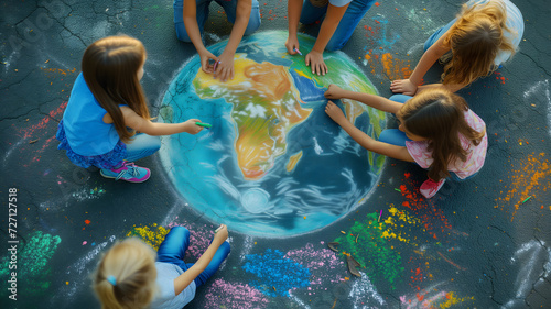 Group of children help each other color a picture of the world. world peace concept