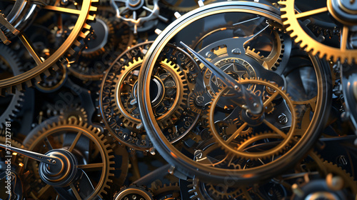 A mesmerizing 3D rendered image of an abstract clockwork mechanism, showcasing intricate gears and cogs in motion. Perfect for designs related to time, technology, innovation, and precision.
