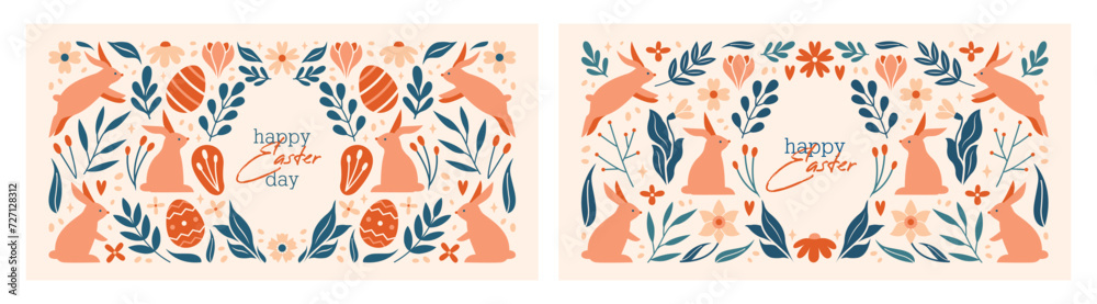 Happy Easter Day. Trendy design with typography, cute illustrations with rabbits, bunnies, plants, eggs, flowers, berries, leaves, stars. Creative minimal design. Horizontal header, greeting card.