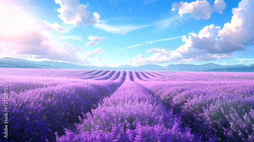 Serene lavender fields stretching as far as the eye can see. Seamless looping 4k time-lapse virtual video animation background photo
