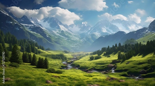 realistic photo of a beautiful summer afternoon in the mountains. trees on the hill with green leaves. sunny weather with fluffy clouds in the sky. generative ai © KBL Sungkid