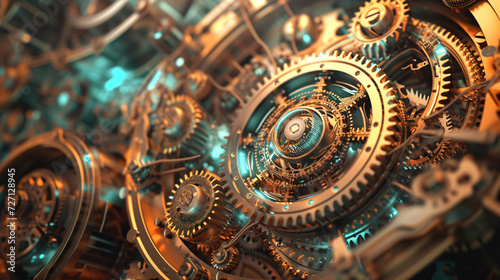 A captivating and intricate 3D rendered abstract clockwork image, showcasing the beauty of mechanical precision and merging it with artistic design. Perfect for adding a touch of sophisticat