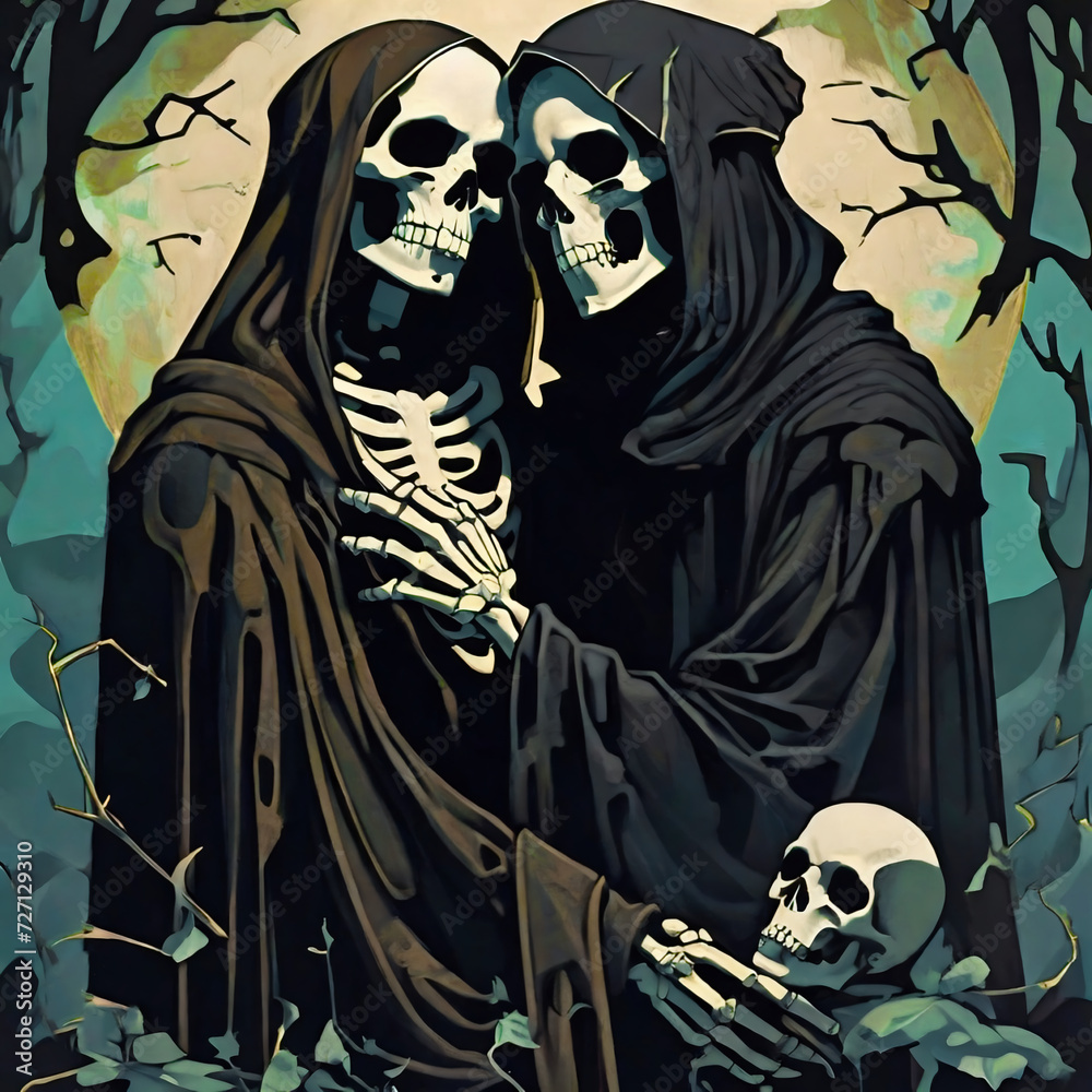 angels of death hugging each other in a dark and mysterious forest ...