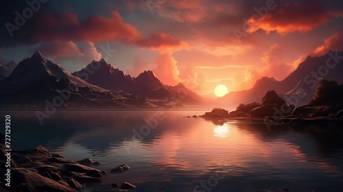 realistic photo A serene sunset on the shore of a lake between several mountains. generative ai