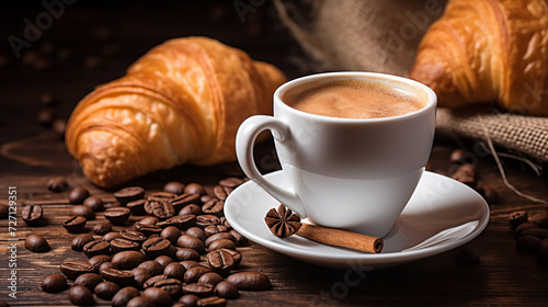 cup of coffee and croissant, pastry, italian breakfast, french breakfast, fresh roasted coffee beans, best selling