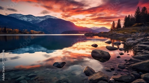 realistic photo A serene sunset on the shore of a lake between several mountains. generative ai © KBL Sungkid