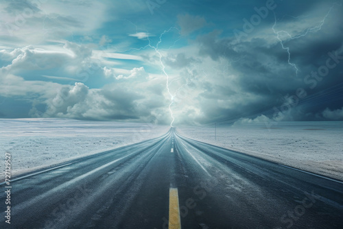 Empty highway concept with clouds and lightning.