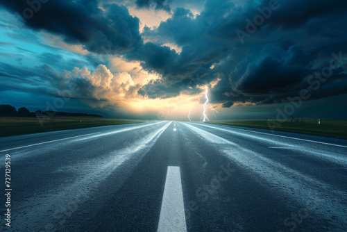 Empty highway concept with clouds and lightning. © imlane
