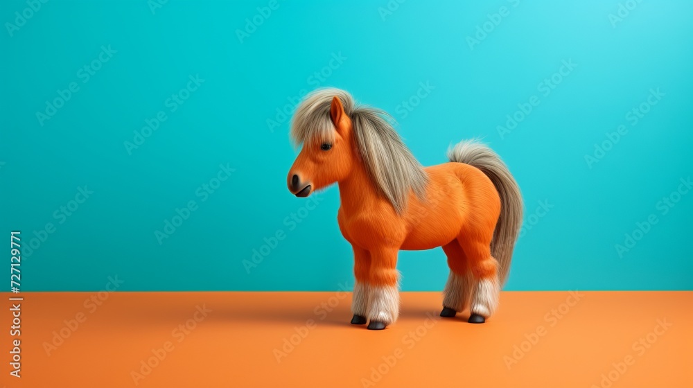 A realistic model of a miniature horse on a blue and orange background A realistic model of a miniature horse on a blue and orange background