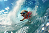A daring dog in stylish sunglasses and a red bandana rides a thrilling wave, showcasing a blend of adventure and whimsy in this unique surfing moment.