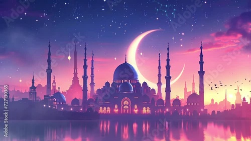 Ramadan Kareem background with a majestic mosque, loop video background animation, cartoon anime style, for vtuber / streamer backdrop photo