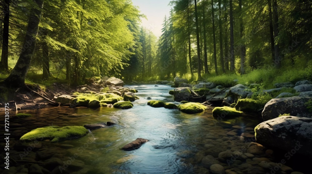 realistic photo River flowing among summer forest. generative ai
