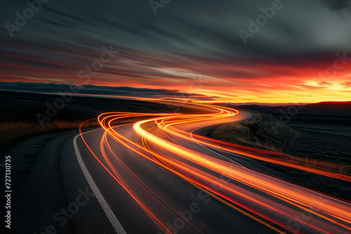 At dusk, the car's light rail lights up on the rural highways.
