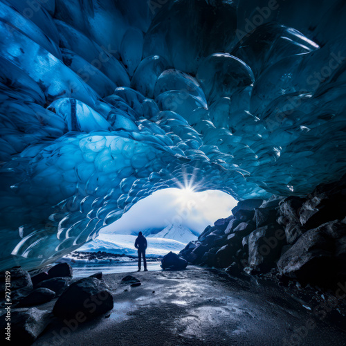 lifestyle photo inside iceland ice cave looking.