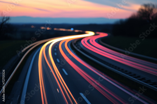 At dusk, the car's light rail lights up on the rural highways.