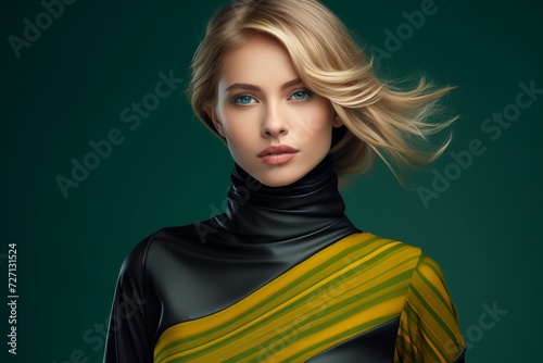 A beautiful young  woman is wearing abstract print  green  black and yellow color neck sweater  grey background.
