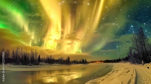 golden northern lights, wide-angle photography, high definition.