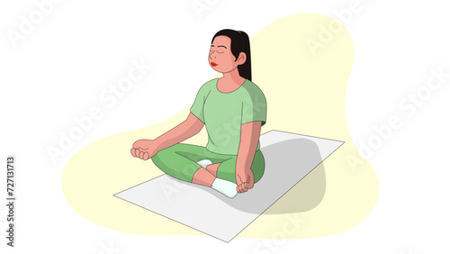 A radiant woman, eyes closed, immersed in the practice of yoga in the lotus position.