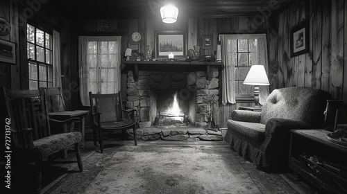 image of a rustic cabin interior, fireplace, vintage furniture, earth tones, inviting, film camera, standard lens, night, fine art photography, Ilford HP5 Plus photo