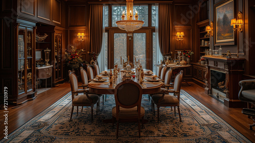 image of a traditional dining room, wood table, classic decor, warm, inviting, smartphone, wide-angle lens, evening, reportage photography photo