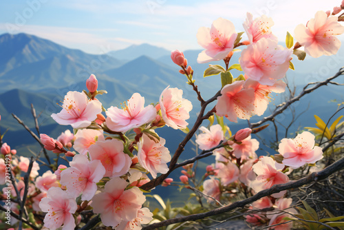  Close-up images of pink flowers visible against the background of the mountains.