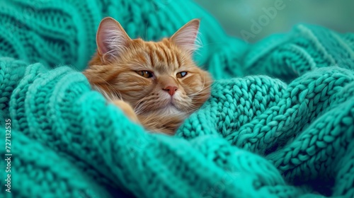 Ginger Cat Snuggled in a Teal Blanket