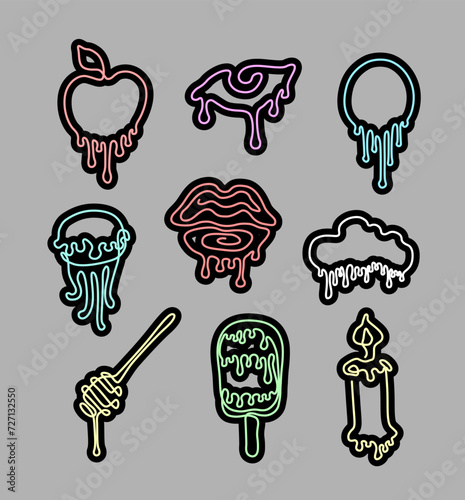 Colorful stickers, icons with drops, small tattoo, paint drips, continuous line drawing, print for clothes, emblem, logo design, silhouette one single line, isolated abstract vector illustration. (ID: 727132550)