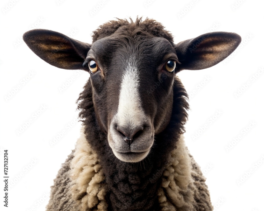 close up portrait of a sheep isolated on white