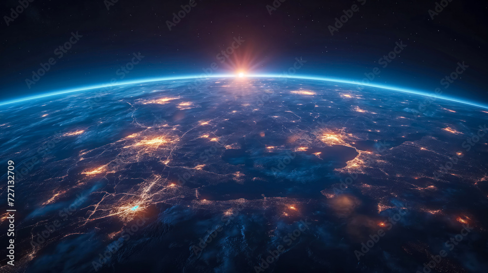 Breathtaking View of Earth from Space at Sunrise, Illustrating Globalization, Interconnectivity, and the Fragility of Civilization on the Planet's Surface