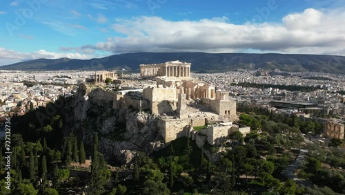Acropolis in Greece, Parthenon in Athens aerial view, famous Greek tourist attraction, Ancient Greece landmark drone view - sigthseeing destination Unesco Heritage world in Atene  photo