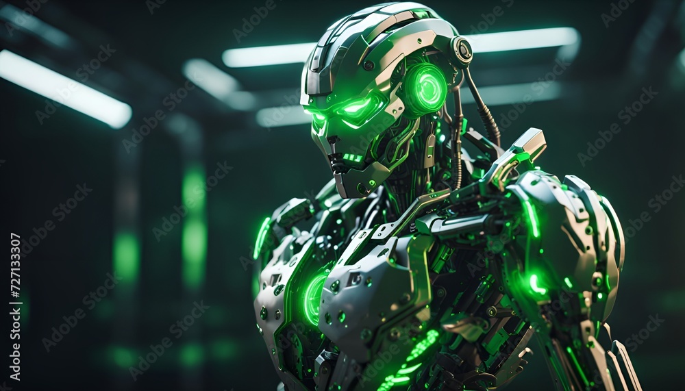 Cyborg with green glow on dark background. futuristic illustration, 3D rendering. Cyborg with green glow on dark background. futuristic illustration, 3D rendering.