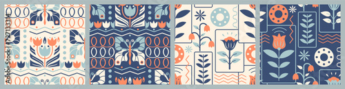 Floral folk collection of seamless patterns. Hygge aesthetic background for home decor, fabric, wrapping paper. Modern backdrop.