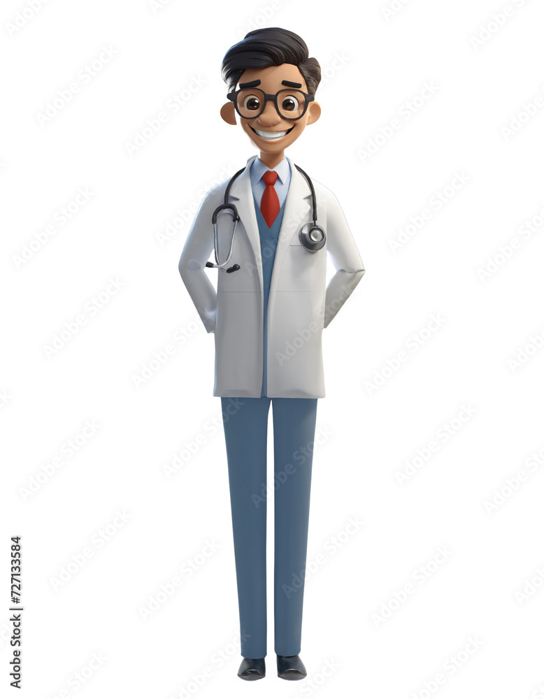 3d illustration cartoon style male doctor character wearing white coat, 3d avatar character Isolated on transparent background